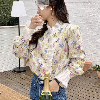 Turtleneck Patchwork Ruffled Bluse mit Flared Ärmeln | Ideal für Herbst