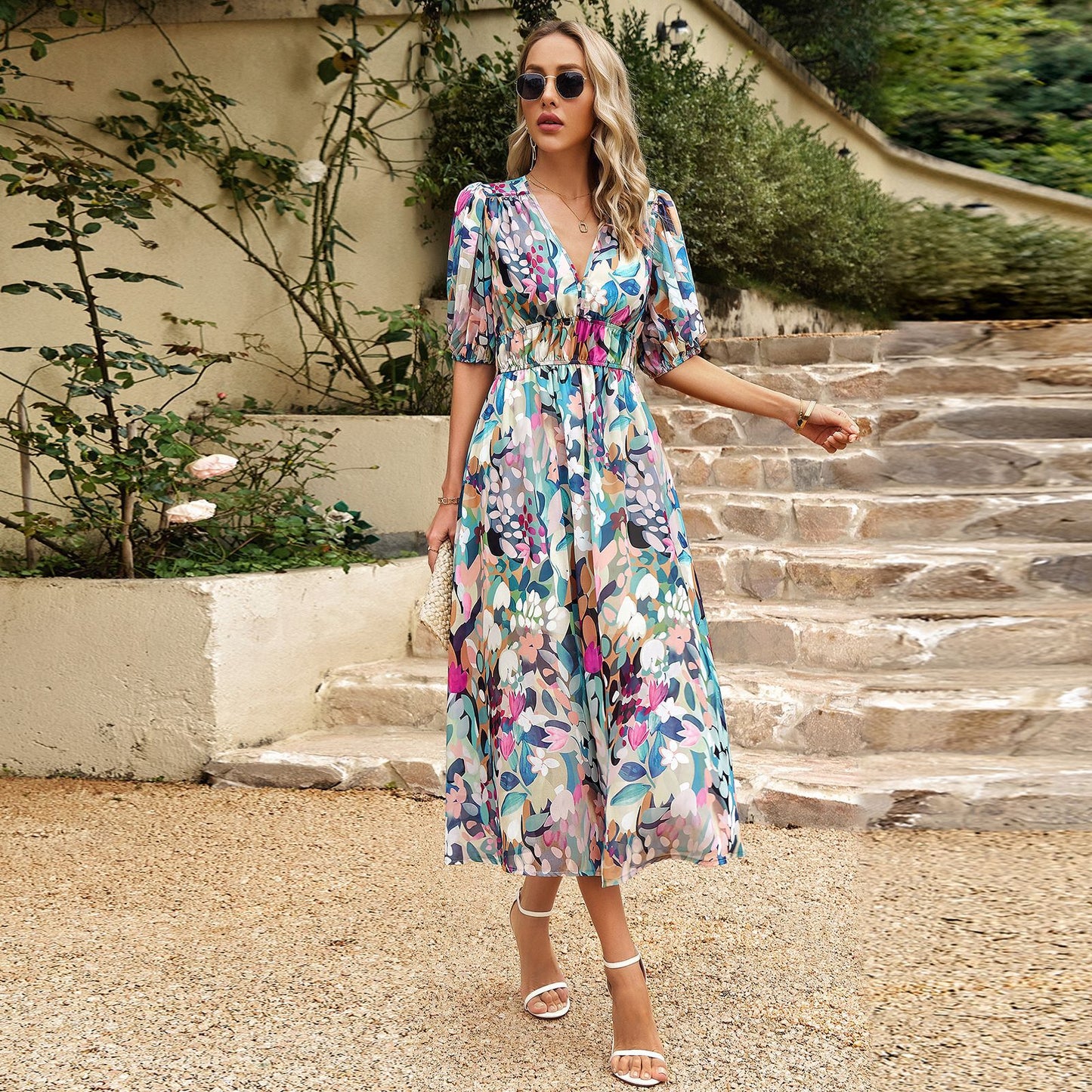 V-Ausschnitt Bedrucktes Chiffon Langes Kleid mit Laternenärmeln | Ideal für Sommer