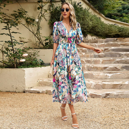 V-Ausschnitt Bedrucktes Chiffon Langes Kleid mit Laternenärmeln | Ideal für Sommer