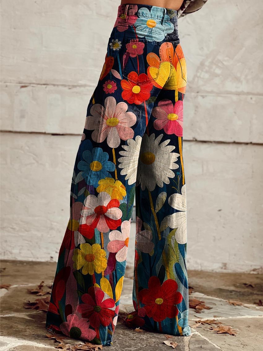 Hochtaillierte Blumen-Denim-Hose mit weitem Bein Ideal für Frühling und Sommer