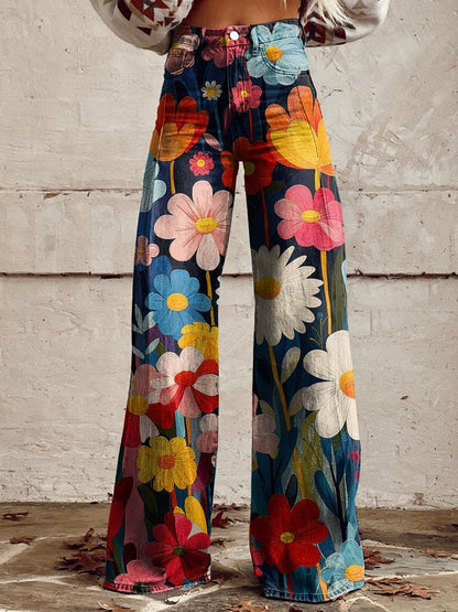 Hochtaillierte Blumen-Denim-Hose mit weitem Bein Ideal für Frühling und Sommer