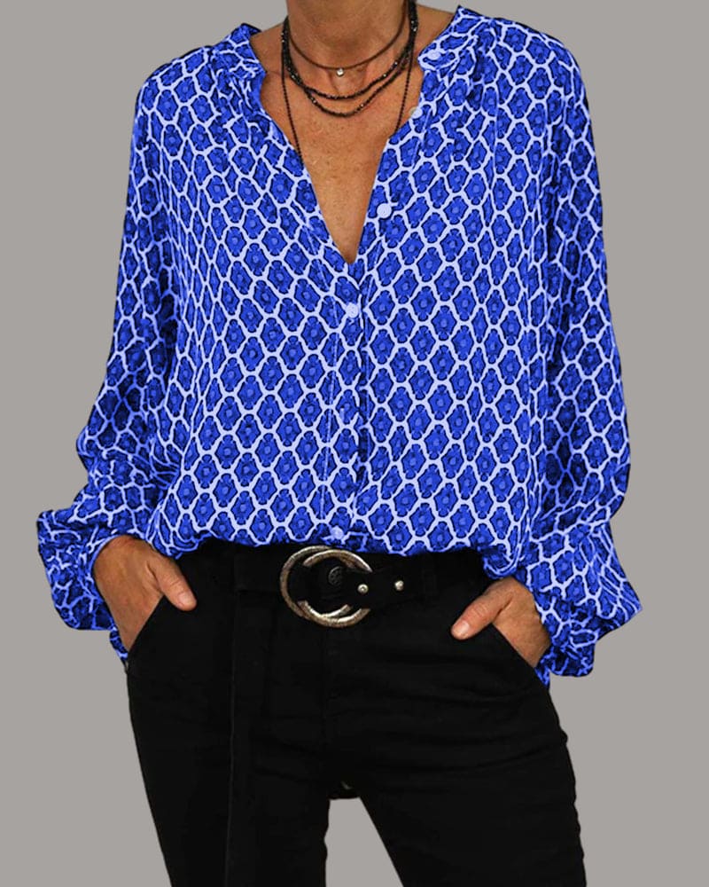 Baumwollbluse mit V-Ausschnitt und Knopfdetails | Ideal für Frühling und Herbst