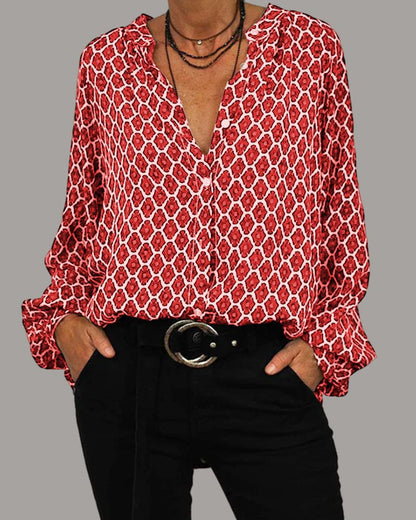 Baumwollbluse mit V-Ausschnitt und Knopfdetails | Ideal für Frühling und Herbst
