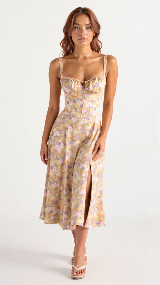 Kleid mit Korsett-Detail, Figurbetonter Oberteil und Fließendem Rock | Ideal für Frühling und Sommer