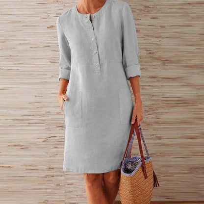 Baumwoll- und Leinenkleid mit Langen Ärmeln | Ideal für Frühling und Herbst