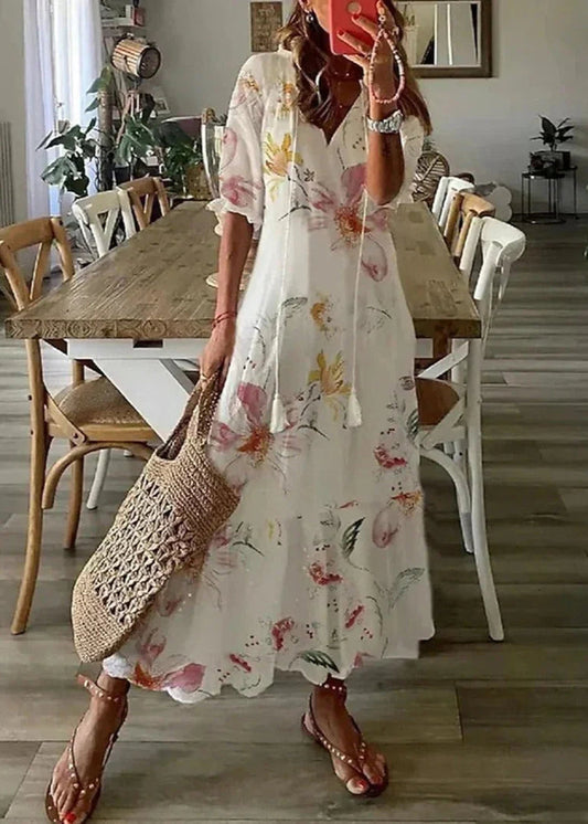 Floral Print Langes Kleid mit Kordelzug-Taille | Ideal für den Sommer